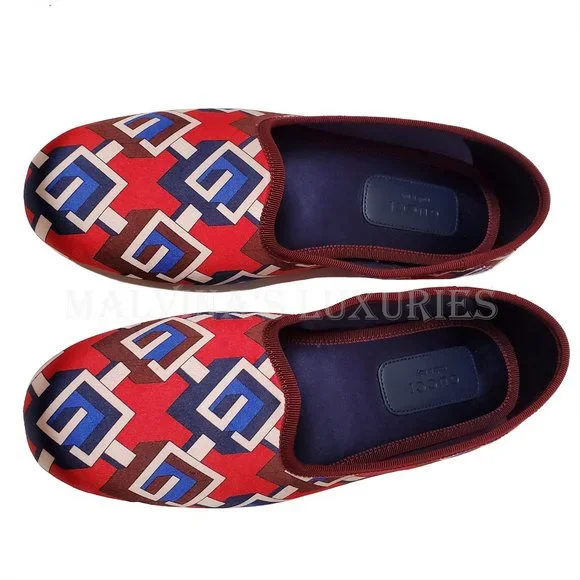 GUCCI SHOES GEOMETRIC G LOGO RED BLUE WHITE SATIN SLIPPER sz 39 9 US